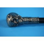 A walking cane with skull handle