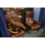 Pair tan brown stressless leather armchairs and st