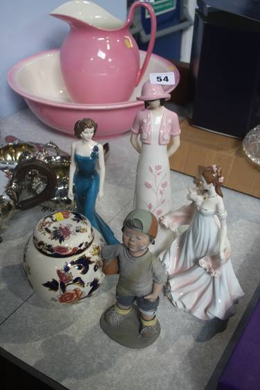 Assorted Royal Worcester figures, a Mason's jar etc.