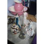 Assorted Royal Worcester figures, a Mason's jar etc.
