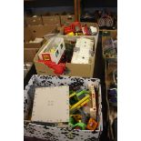 Three boxes of toys, including Playmobile etc.