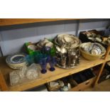 A shelf of assorted, including silver plate etc.