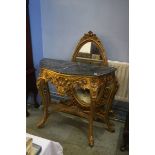 A Continental gilt wood and marble mirror back console table