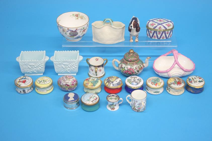 Two small trays containing pill boxes, Worcester bowl, a small Coalport tyg, Beswick dog etc.