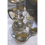 A silver plated three piece tea set, a pickle jar and a silver plated food warmer