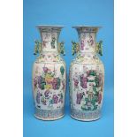 A large pair of 19th-century Chinese Cantonese famille rose porcelain jardinieres, the bodies enamel