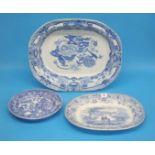 A Victorian Masons Ironstone blue and white dish, a small meat plate and a blue and white plate