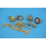 Various chains, 11.4 grams, a pair of 9ct gold earrings and four 9ct gold dress rings. Total