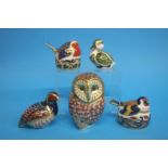 Five Royal Crown Derby paperweights, a 'Barn Owl', 'Goldfinch nesting', 'Robin nesting', '