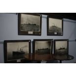 Five black and white framed photographs of various ships, ex Swan Hunter Shipyard