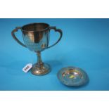 A silver two handled cup and a modern silver dish. Weight 8.6 oz/269 grams