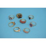 A collection of eight various 9ct gold dress rings. Total weight 30.1 grams