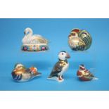 Five Royal Crown Derby paperweights, a 'Puffs', 'Farmyard Cockerel', 'Swan', ' Mandarin Duck', and a