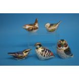 Five Royal Crown Derby paperweights, a 'Red legged Partridge', 'Tawny Owl', 'Nuthatch', 'Firecrest',