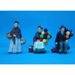 Three Royal Doulton figures 'Old Balloon Seller', 'Orange Lady' and 'Balloon Man'