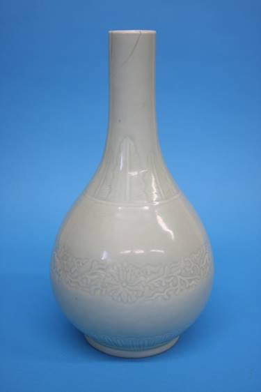 Large Celadon bottle vase, engraved with foliage, seal mark to base, 35cm Height - Image 3 of 18