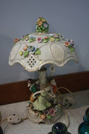 A Continental figural lamp and shade