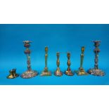 Two pairs of brass candle sticks, a brass inkwell and a pair of plated candlesticks