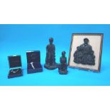 A Bob Olley plaque, two coal miner figures, a ladies watch and a necklace