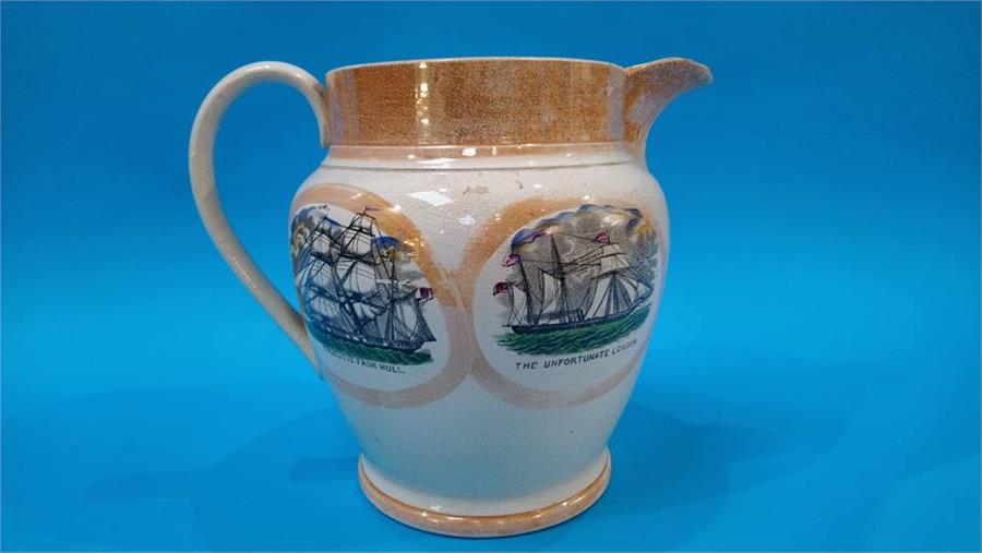 Sunderland lustre jug, decorated with a verse, three panels with ships and the mariners arms