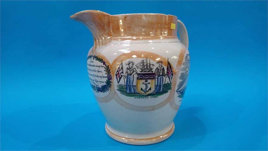 Sunderland lustre jug, decorated with a verse, three panels with ships and the mariners arms - Image 2 of 2