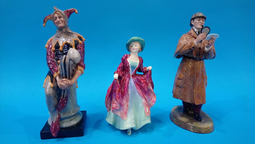 Three Royal Doulton figures 'Margaret', 'The Jester' and 'The Detective'