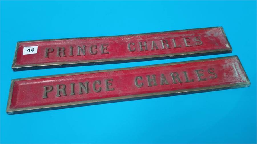 Two brass engine style plates, 'Prince Charles'