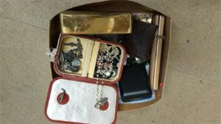 A box of miscellaneous jewellery, notes and coins etc.