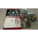 Three bags of coins, a 1997 English Deluxe coin set etc.