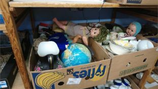 A shelf of assorted including dolls etc.