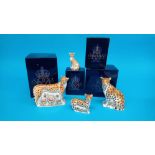 Five Royal Crown Derby paperweights; Cheetah cub, 207/950, Cheetah, 207/950, Leopard cub, 217/950,