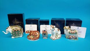 Five Royal Crown Derby paperweights; Derby County ram, Jack Russell, Otter, Imari ram and The