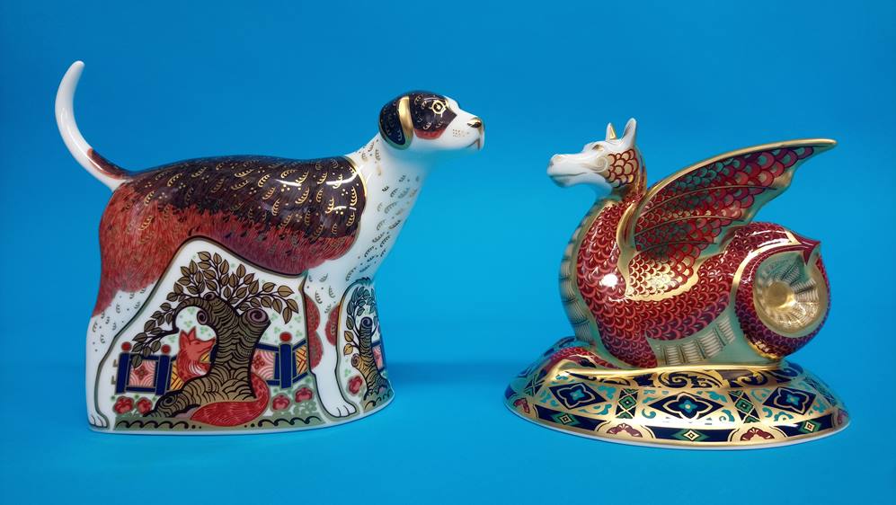 Two Royal Crown Derby paperweights; The Wessex Wyvern, 466/2000 and a Foxhound, Sinclairs, pre-