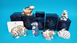 Six Royal Crown Derby paperweights; Rabbit, Beaver, Mouse, Chipmunk, Russian bear and Riverbank