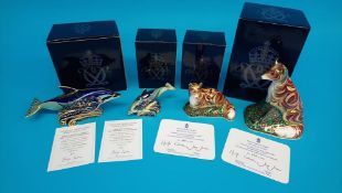 Four Royal Crown Derby paperweights; Lyme Bay young baby dolphin, 2003, 34/1500, Lyme Bay mother