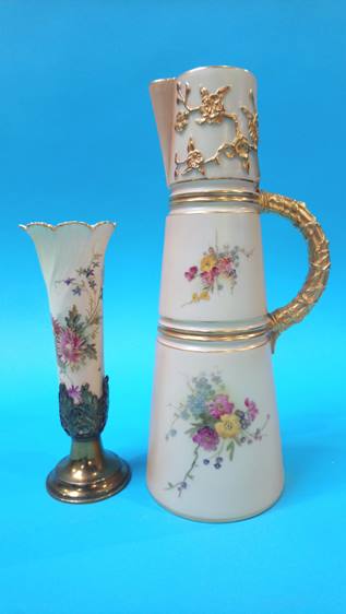 Pair of Royal Worcester blush ivory jugs decorated with flowers, a larger jug with similar - Image 3 of 8