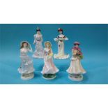 Three Royal Worcester figures and two Coalport figures