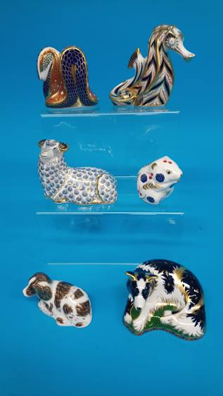 Six Royal Crown Derby paperweights; Seahorse, Scruff (dog), Border Collie 749/2500, Snake, Ram and F - Image 5 of 8