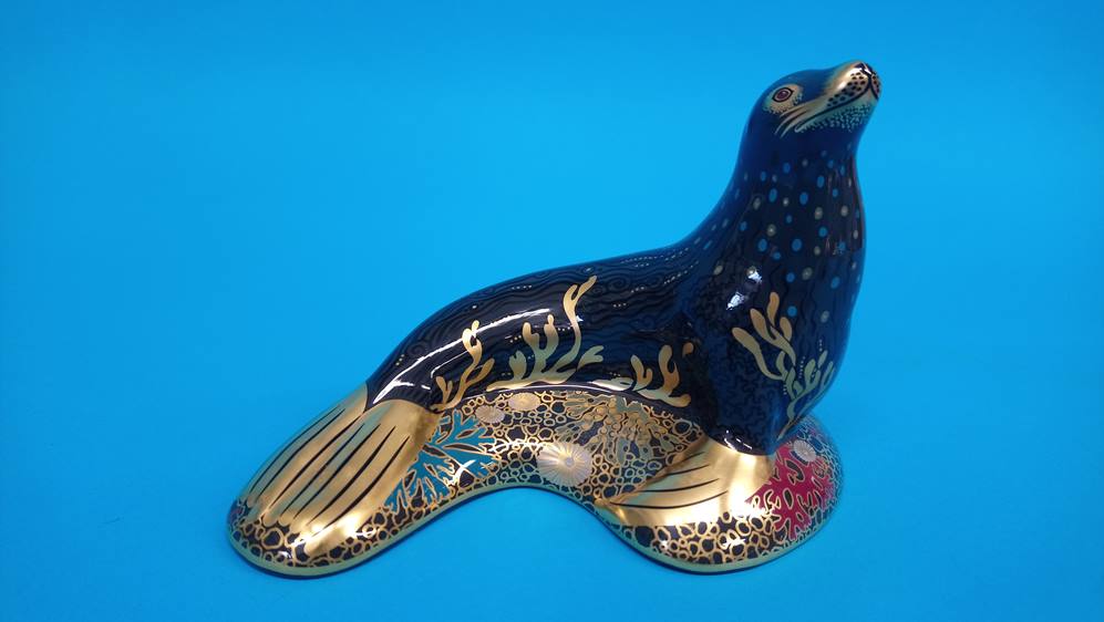 Four Royal Crown Derby paperweights; an Oceanic Whale, 2003, gold stopper, 22cm, a Walrus, a Sea - Image 8 of 13