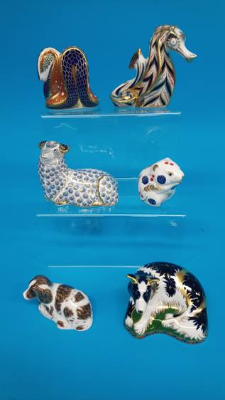 Six Royal Crown Derby paperweights; Seahorse, Scruff (dog), Border Collie 749/2500, Snake, Ram and F