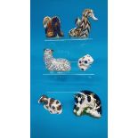 Six Royal Crown Derby paperweights; Seahorse, Scruff (dog), Border Collie 749/2500, Snake, Ram and F