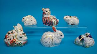 Six Royal Crown Derby paperweights; Meadow rabbit, Baby rabbit, Bunny, Bank vole, Twin lambs and Fat