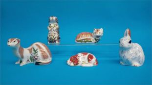 Five Royal Crown Derby paperweights; Southwell stoat, 631/700, Leicestershire fox, 760/1500, a