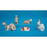 Five Royal Crown Derby paperweights; Southwell stoat, 631/700, Leicestershire fox, 760/1500, a