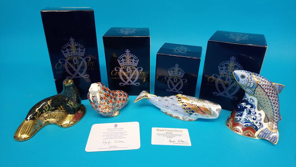 Four Royal Crown Derby paperweights; an Oceanic Whale, 2003, gold stopper, 22cm, a Walrus, a Sea