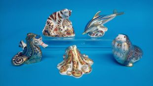 Four Royal Crown Derby paperweights; Coral seahorse, Striped dolphin, 32/1500, Octopus, 412/2500,