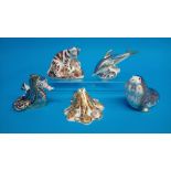 Four Royal Crown Derby paperweights; Coral seahorse, Striped dolphin, 32/1500, Octopus, 412/2500,