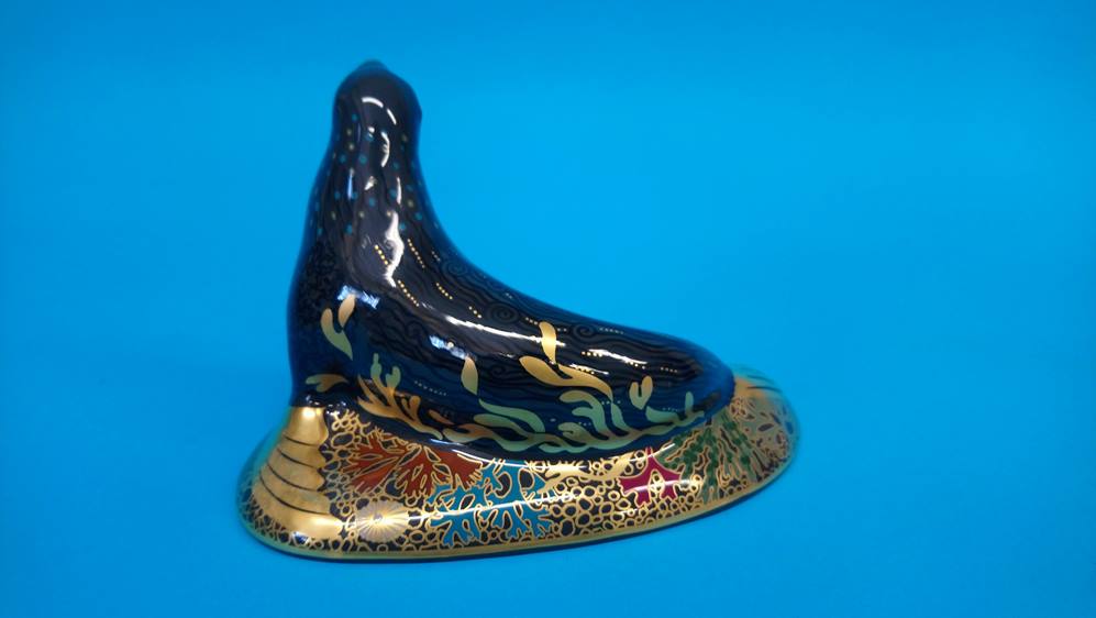 Four Royal Crown Derby paperweights; an Oceanic Whale, 2003, gold stopper, 22cm, a Walrus, a Sea - Image 9 of 13