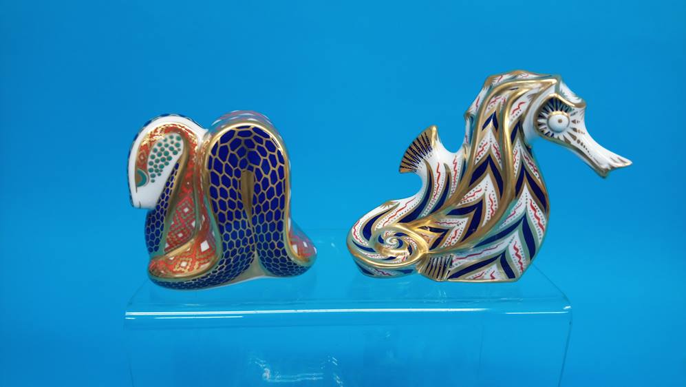 Six Royal Crown Derby paperweights; Seahorse, Scruff (dog), Border Collie 749/2500, Snake, Ram and F - Image 2 of 8