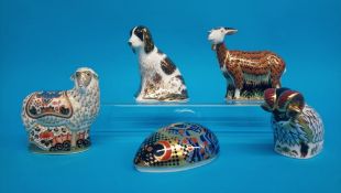 Five Royal Crown Derby paperweights; Derby ram, Nanny goat, Computer mouse, Molly and Imari ewe, all